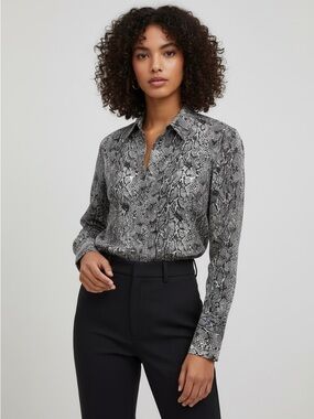 Zara Snake-Print Button-Down Blouse Satin Effect Black & Gray Sz Large